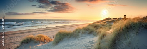 Golden serenity. Tranquil evening on sandy coast. Coastal dreams. Sun kissed dunes by sea. Horizon haven. Embracing beauty of north sea © Thares2020