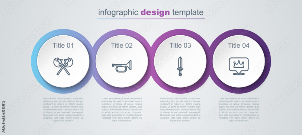 Set line Crossed medieval axes, Trumpet, Medieval sword and Location king crown. Business infographic template. Vector Set line Crossed medieval axes, Trumpet, Medieval sword and Location king crown. Business infographic template. Vector