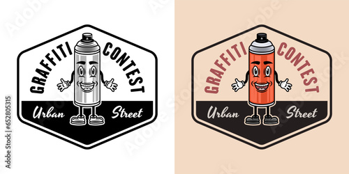 Graffiti contest vector emblems, badges, labels or logos with spray paint can smiling character in two styles black on white and colored