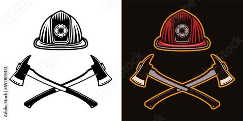 Firefighter helmet and two crossed axes vector illustration in colored style on dark background