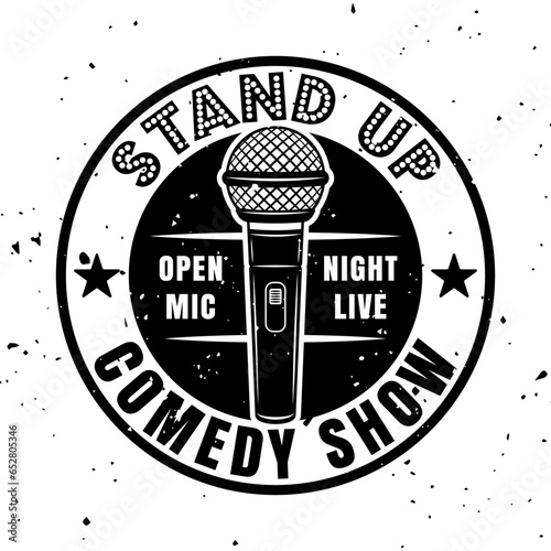 Stand up comedy show vector emblem, badge, label, stamp or logo in vintage monochrome style isolated on white background with removable texture