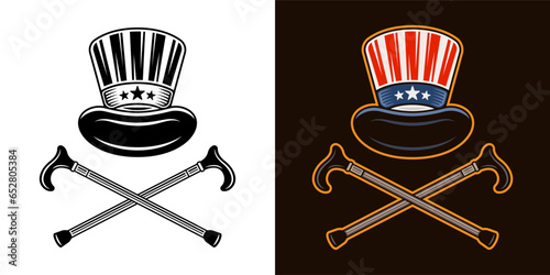 American cylinder hat and crossed canes vector illustration in two styles black on white and colorful on dark background