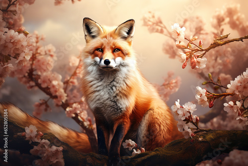 Image of fox surrounded by beautiful flowers. Wildlife Animals, Illustration, Generative AI.