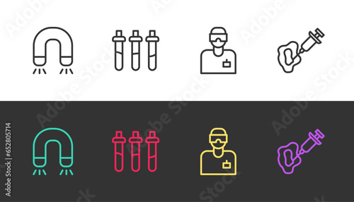 Set line Magnet, Reagent bottle, Laboratory assistant and Syringe on black and white. Vector