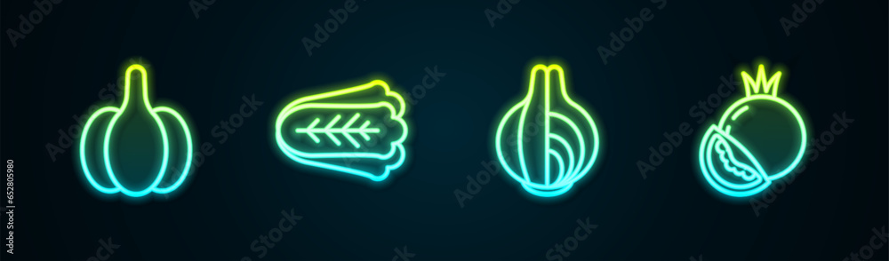 Set line Garlic, Cabbage, Onion and Tomato. Glowing neon icon. Vector Set line Garlic, Cabbage, Onion and Tomato. Glowing neon icon. Vector