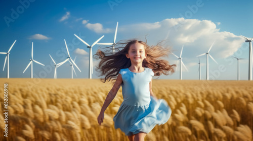 Adorable little girl running on wheat field with wind turbines in background.
