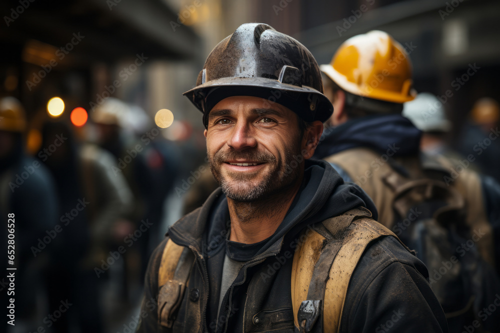 portrait of a worker in uniform and a protective helmet, who smiles and looks at the camera. A man on the background of workers