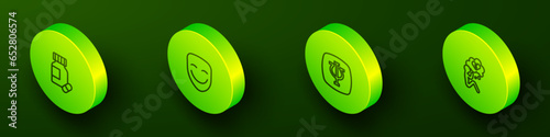 Set Isometric line Sedative pills, Comedy theatrical mask, Psychology, Psi and Broken heart or divorce icon. Vector