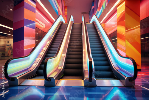 Escalators controlled by AI technology feature various interior designs tailored to themes such as hotels, shopping centers, concert halls, and theaters in travel destinations. photo