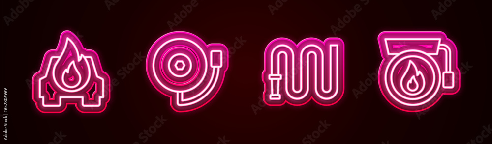 Set line Burning car, Ringing alarm bell, Fire hose reel and . Glowing neon icon. Vector Set line Burning car, Ringing alarm bell, Fire hose reel and . Glowing neon icon. Vector