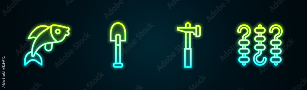 Set line Fish, Shovel, Hammer and Grilled shish kebab on skewer. Glowing neon icon. Vector Set line Fish, Shovel, Hammer and Grilled shish kebab on skewer. Glowing neon icon. Vector