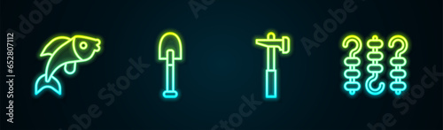Set line Fish, Shovel, Hammer and Grilled shish kebab on skewer. Glowing neon icon. Vector
