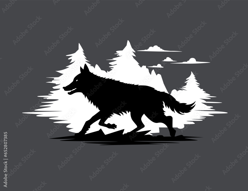 Running wolf against the background of the forest. Running wolf against the background of the forest.