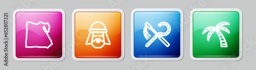 Set line Map of Egypt, Egyptian man, Crook and flail and Tropical palm tree. Colorful square button. Vector
