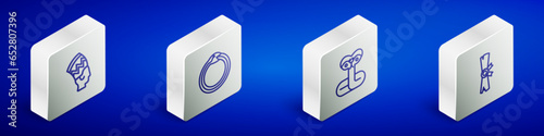 Set Isometric line Nefertiti, Magic symbol of Ouroboros, Snake and Papyrus scroll icon. Vector