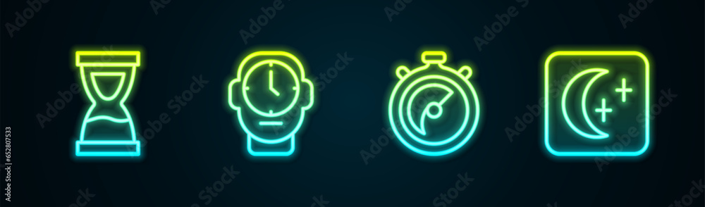 Set line Old hourglass, Clock, Stopwatch and Moon and stars. Glowing neon icon. Vector Set line Old hourglass, Clock, Stopwatch and Moon and stars. Glowing neon icon. Vector