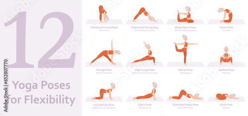 Yoga poses for Flexibility. Elderly woman practicing yoga asana. Healthy lifestyle. Full body yoga, fitness, aerobic and exercises workout. Flat cartoon character. Vector illustration