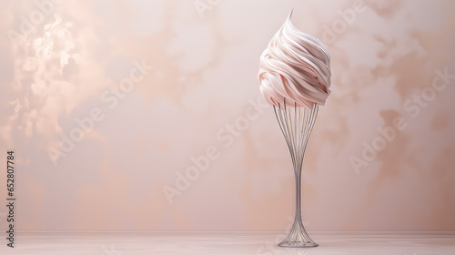 Close-up of culinary whisk with swirl of delicious whipped cream or egg cream isolated on flat pastel background with copy space. 3d render illustration style. 