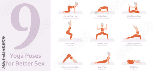 Yoga poses for Better sex. Elderly woman practicing yoga asana. Healthy lifestyle. Full body yoga, fitness, aerobic and exercises workout. Flat cartoon character. Vector illustration