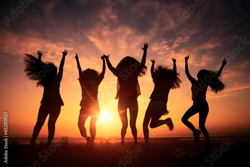 A Successful large gathering of individuals celebrating their triumph raising their arms on a mountaintop, with backdrop of the sun setting over lake and mountains. Generative AI.