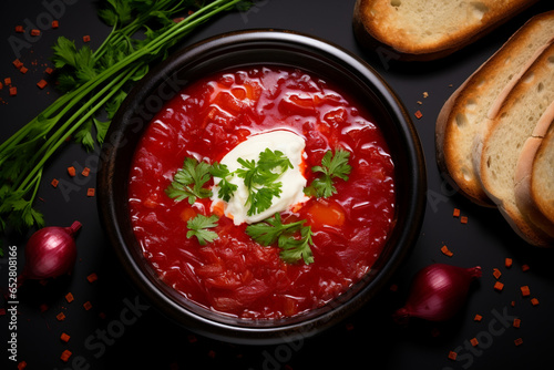 bowl of delicious Russian or Ukrainian traditional borscht soup top view with bread on a dark background