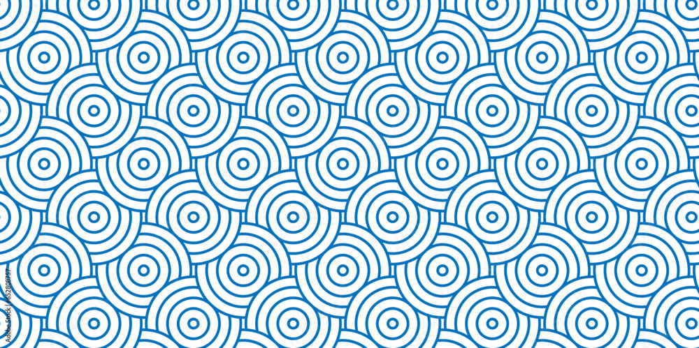 Seamless geometric ocean spiral pattern and abstract circle wave lines. blue seamless tile stripe geomatics overlapping create retro square line backdrop pattern background. Overlapping Pattern.