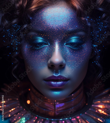 Portrait of a woman with blue glitter makeup on a black background. Generative AI.