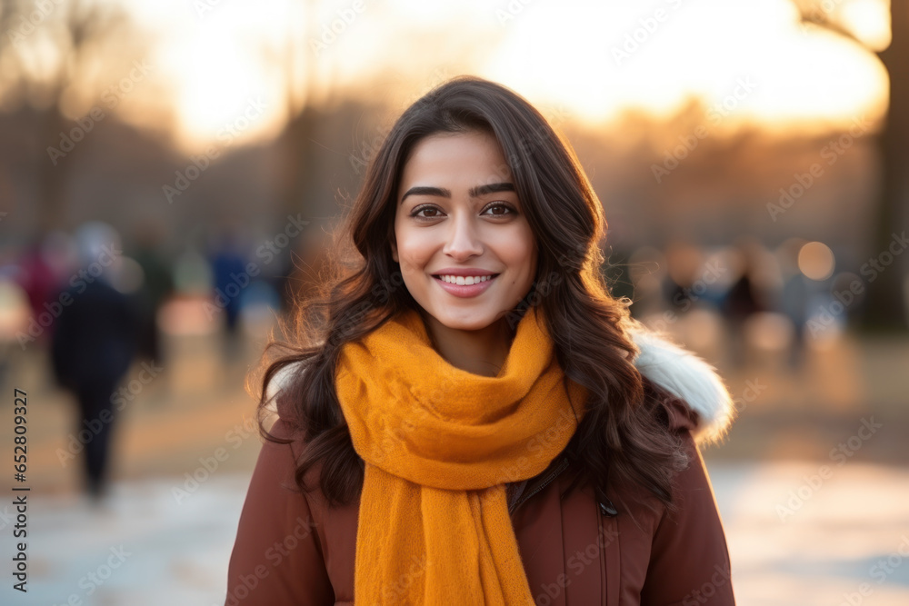 Indian girl doing outdoors activity at snowy park in winter - obrazy, fototapety, plakaty 