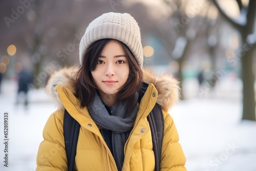Japanese girl doing outdoors activity at snowy park in winter