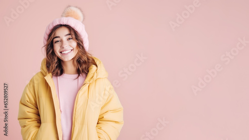 Happy brunette woman wear winter cloth isolated on pastel background