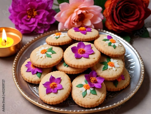 A Plate Of Cookies With Flowers On It