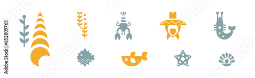 Sea and Marine Fauna Flat Icon and Pictogram Vector Set