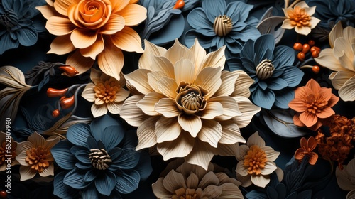 A vivid bouquet of vibrant petals dances atop a stark black surface, beckoning the viewer to marvel at the beauty of nature and its endless capacity for captivating creation