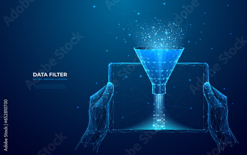 Digital Sales Funnel on a tablet screen in human hands. Big Data Concept on Technological Background. Abstract Data Flow and Filter. Low Poly Wireframe Vector Illustration in futuristic style.