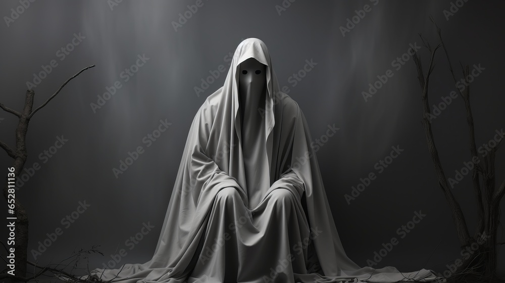 A cloaked figure stands shrouded in fog, the white mask of a statue peering out from beneath a mantle of mystery
