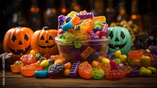 A mischievous halloween scene of a bowl overflowing with sugary confectionery, invitingly lit pumpkins, and colorful toys, ready to be enjoyed indoors © Envision