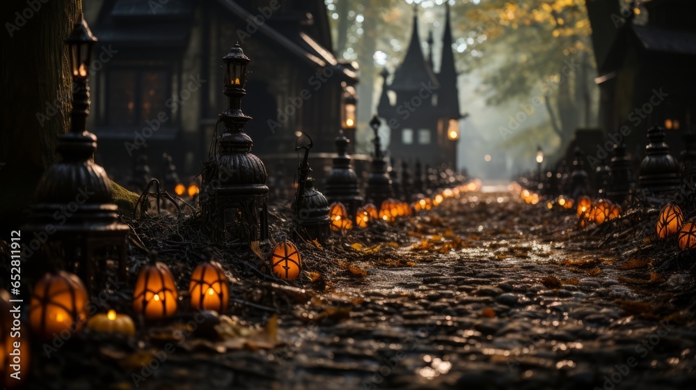 Obraz premium A row of pumpkins on a road in autumn night