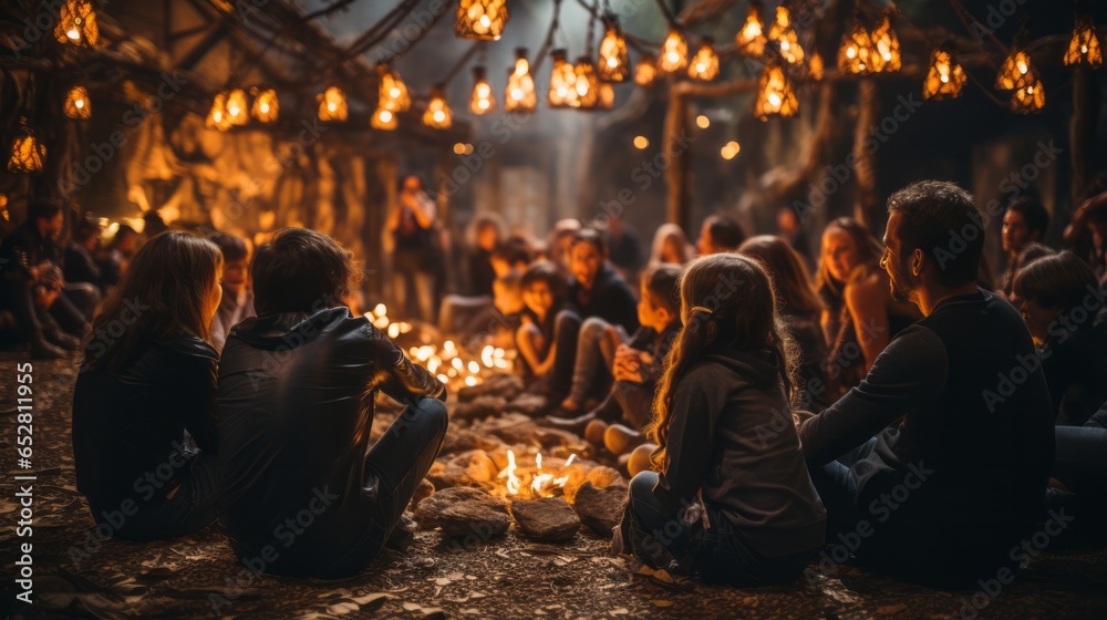 A group of people of diverse backgrounds and attire, sitting around a warm and inviting fire, exchange stories as the flickering flame brings them closer together - obrazy, fototapety, plakaty 