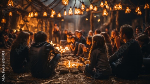 A group of people of diverse backgrounds and attire, sitting around a warm and inviting fire, exchange stories as the flickering flame brings them closer together photo