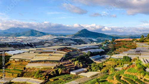 Landscape photo of greenhouse farms growing vegetables and flowers in Da Lat city, Lam Dong province, Vietnam photo