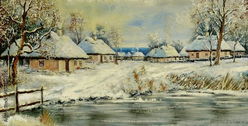 Oil paintings rural landscape, old house in the snow