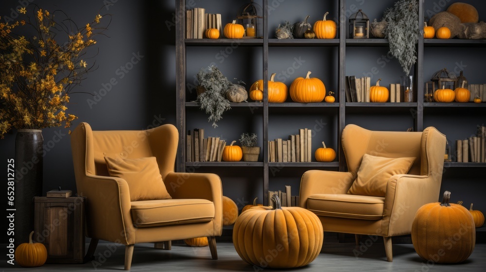 A cozy room filled with vibrant orange chairs and pumpkins of various shapes and sizes, inviting warmth and comfort into the space with a shelf of squash and a vase of flowers adorning the walls