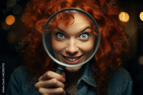 A woman with red hair. Holding a magnifying glass. Searching for answers. Investigating. Looking through the magnifying glass. Asking questions. 