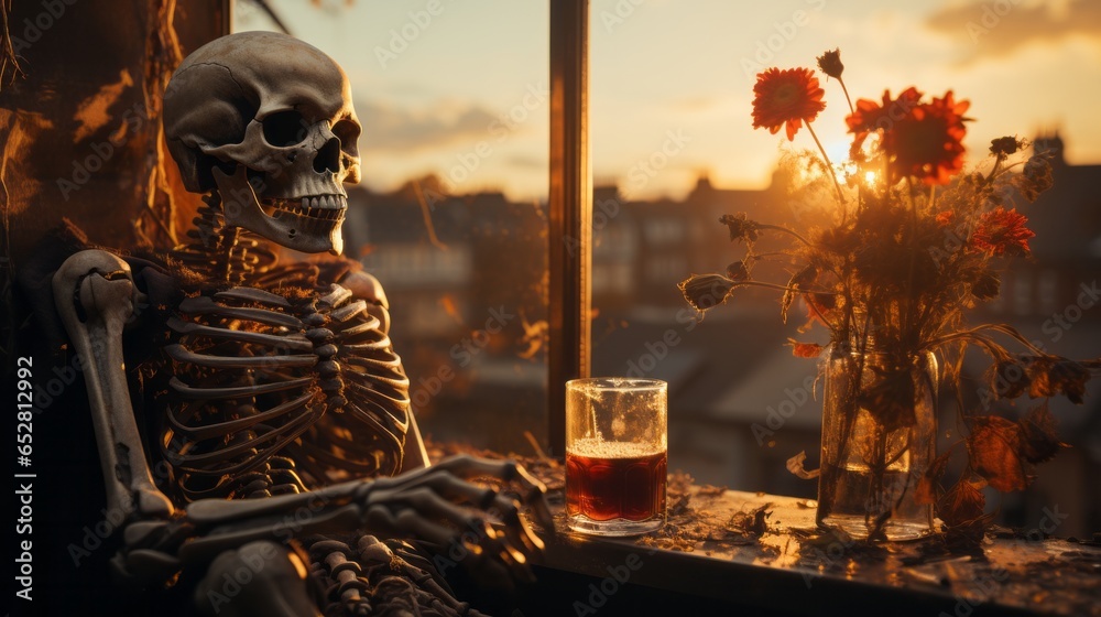 As the sun sets on a beautiful evening, a mysterious skeleton is seen perched atop a window sill, enjoying the majestic sky while sipping a glass of liquid and holding a bouquet of vibrant flowers As the sun sets on a beautiful evening, a mysterious skeleton is seen perched atop a window sill, enjoying the majestic sky while sipping a glass of liquid and holding a bouquet of vibrant flowers