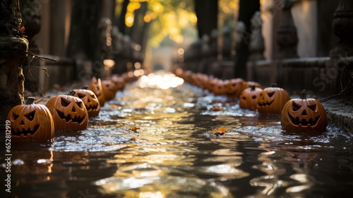 On a crisp halloween night, a row of intricately carved pumpkins line the banks of a flowing river, providing a spooky yet serene outdoor atmosphere photo