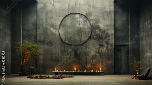A wild display of artful plants and candles, creating a vibrant atmosphere against the outdoor wall of an aged building, beckons the viewer to explore the ground beneath