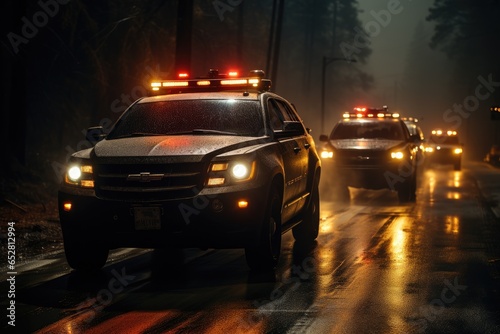 Law Enforcement's Midnight Chase: Police Cars in the Fog © furyon