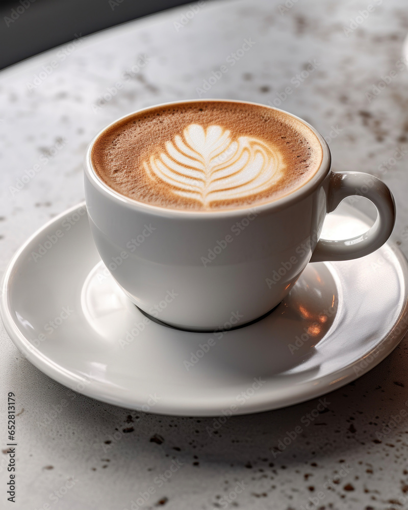 Obraz premium Hot morning coffee with art foam in a white cup