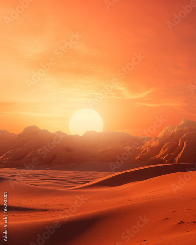 Setting sun over desert mountains