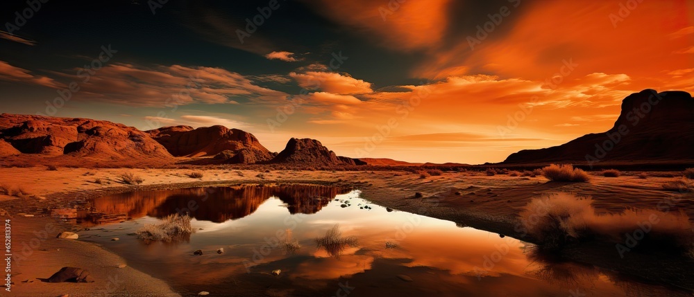 Desert Mountains during Sunset. Insane reflection over a Little Lake